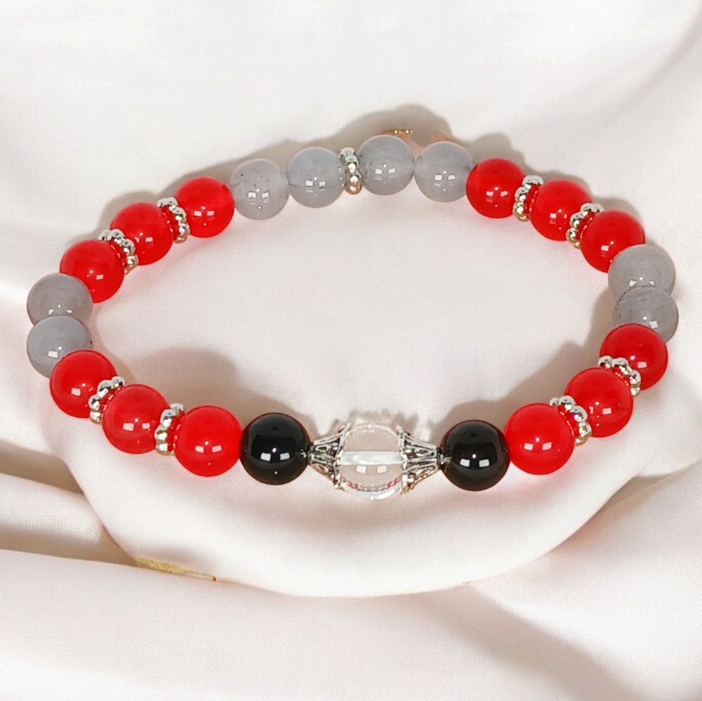 Red Jade Gray Chalcedony Obsidian Clear Quartz Crystal Bracelet Y2K Streetwear